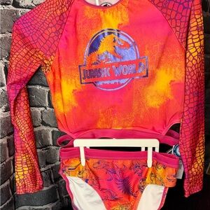 Girls' Pink Orange Long-Sleeve Rash Guard Two-Piece Jurassic World Swim Set